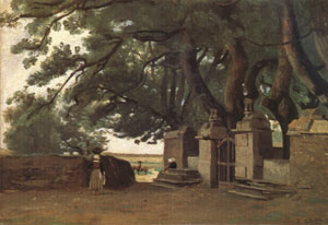 Jean Baptiste Camille  Corot A Gate Shaded by Trees also called Entrance to the Chateau Breton Landscapee (mk05)